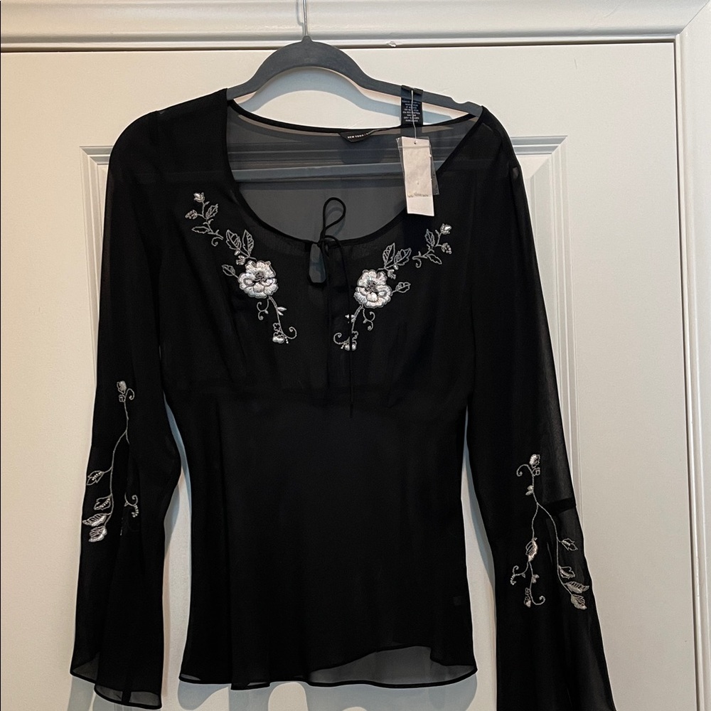 New York & Company Black Sheer Floral Blouse